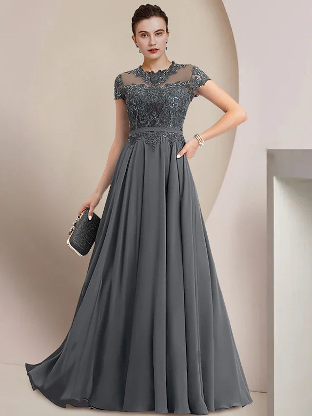 Wholesale Sheath / Column Mother of the Bride Dress Wedding Guest Party Elegant Jewel Neck Floor Length Chiffon Lace Short Sleeve with Pleats Sequin